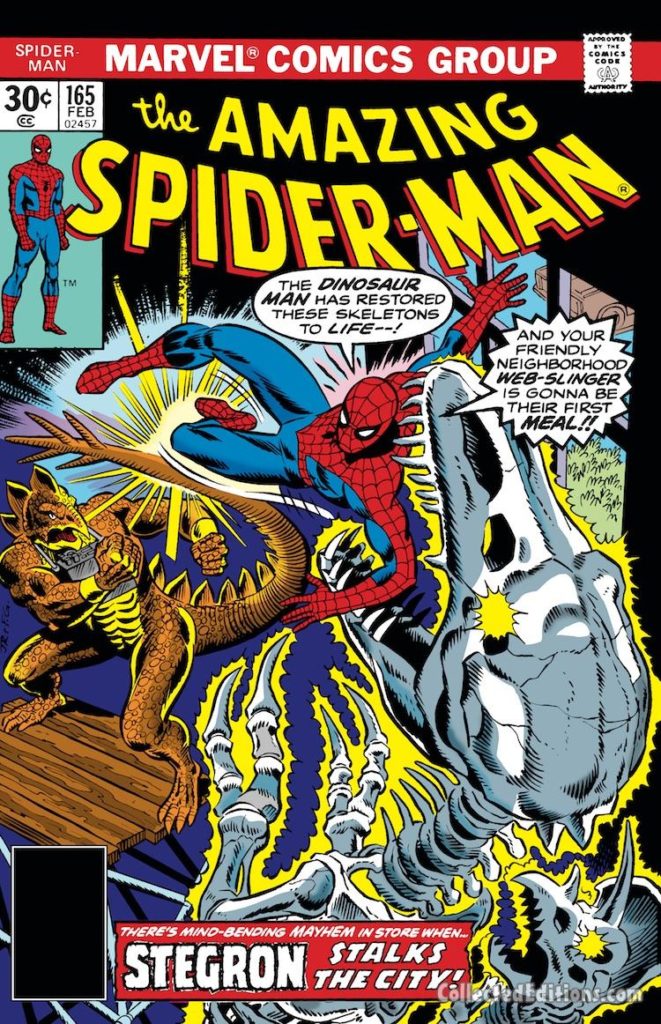Amazing Spider-Man #165 cover; pencils, John Romita Sr.; inks, Frank Giacoia; Stegron Stalks the City