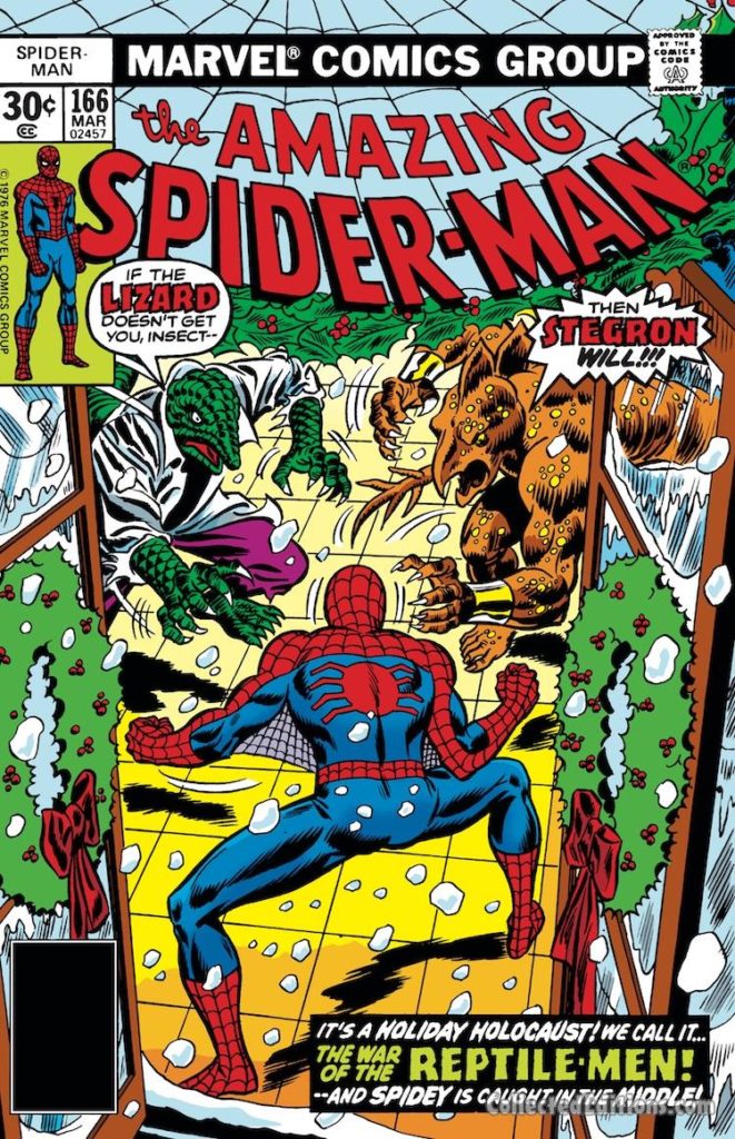 Amazing Spider-Man #166 cover; pencils, John Romita Sr.; Stegron Lizard Christmas