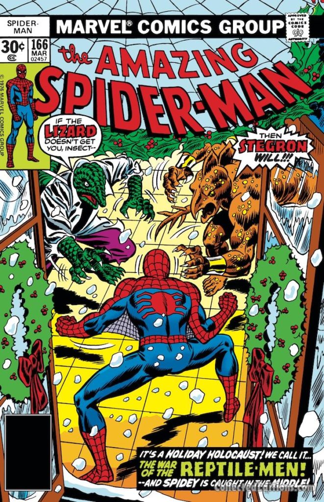 Amazing Spider-Man #166 cover; pencils, John Romita Sr.; inks, Frank Giacoia; Stegron Lizard Christmas, the war of the reptile-men