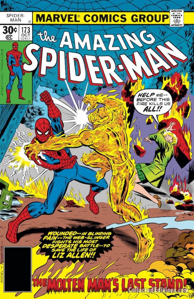 Amazing Spider-Man #173 cover; pencils, Ross Andru; Molten Man