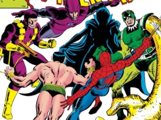 Amazing Spider-Man #214 cover; pencils, John Romita Jr.; inks, Al Milgrom; Frightful Four, Lady Dorma, Sandman, Wizard, Trapster, Namor the Sub-Mariner