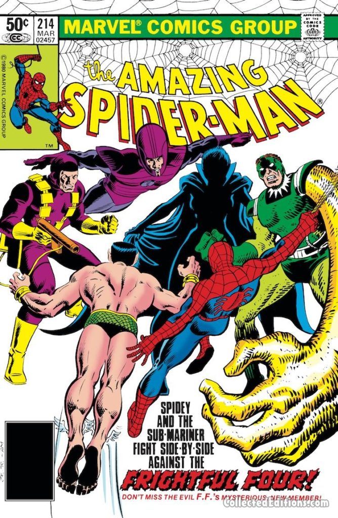 Amazing Spider-Man #214 cover; pencils, John Romita Jr.; Frightful Four, Lady Dorma, Sandman, Wizard, Trapster, Namor the Sub-Mariner