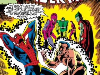 Amazing Spider-Man #215 cover; pencils, John Romita Jr.; inks, Al Milgrom; Frightful Four, Lady Dorma, Sandman, Wizard, Trapster, Namor the Sub-Mariner