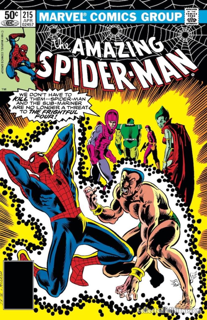 Amazing Spider-Man #215 cover; pencils, John Romita Jr.; inks, Al Milgrom; Frightful Four, Lady Dorma, Sandman, Wizard, Trapster, Namor the Sub-Mariner