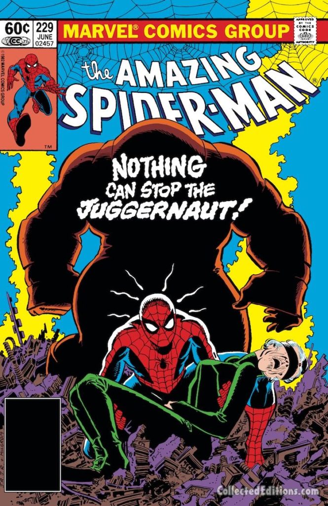 Amazing Spider-Man #229 cover; pencils, John Romita, Jr.; inks, Al Milgrom, Nothing Can Stop the Juggernaut