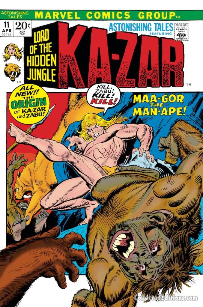 Astonishing Tales/Ka-Zar #11 cover; pencils, Gil Kane; inks, John Romita, Sr.; The Origin of Ka-Zar and Zabu/kazar/Maa-Gor the Man-Ape