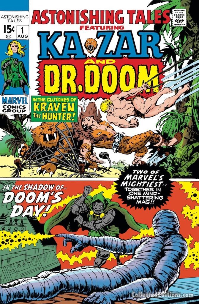 Astonishing Tales #1 cover; pencils, Marie Severin; inks, Bill Everett; Dr. Doom, In the Shadow of Doom's Day, Mummy