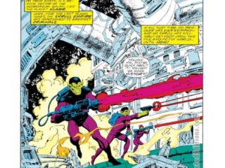 Avengers Annual #14, pg. 1; pencils, John Byrne; inks, Kyle Baker; Stan Lee Presents, Fifth Column, Klarr, Skrulls