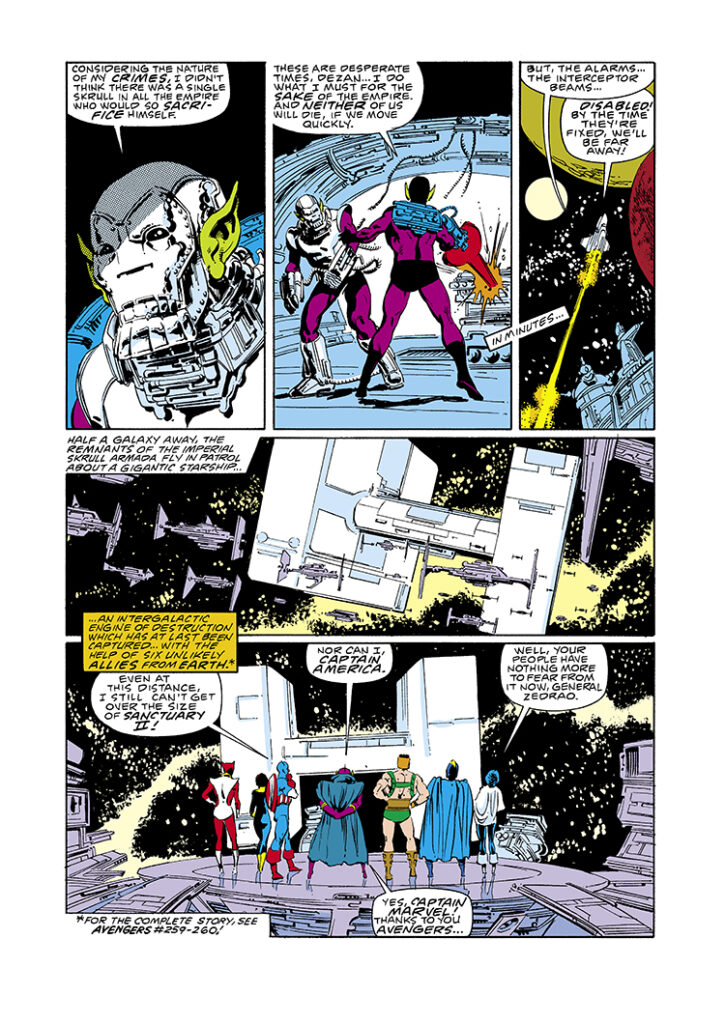 Avengers Annual #14, pg. 3; pencils, John Byrne; inks, Kyle Baker; Skrulls, Blue Area of the Moon