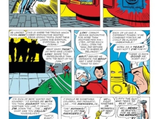 Avengers #1, pg. 22; pencils, Jack Kirby; inks, Dick Ayers; first appearance, Thor, Iron Man, Ant-Man, Wasp, Hulk, Loki