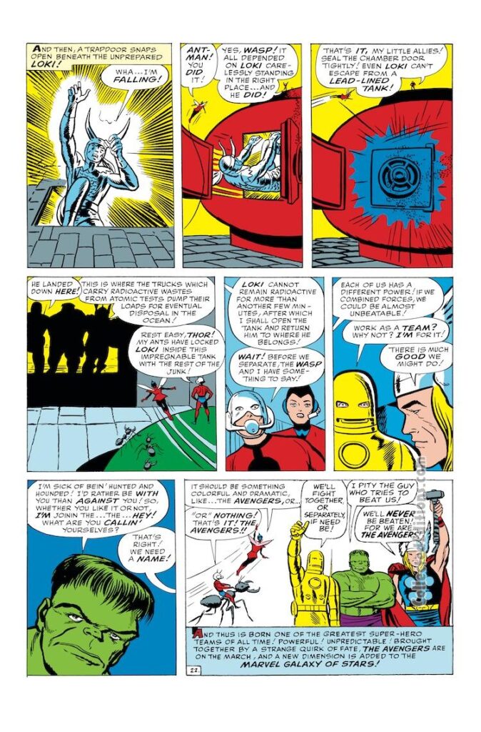 Avengers #1, pg. 22; pencils, Jack Kirby; inks, Dick Ayers; first appearance, Thor, Iron Man, Ant-Man, Wasp, Hulk, Loki