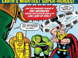 Avengers #1 cover; pencils, Jack Kirby; inks, Dick Ayers; Earth&rsquo;s Mightiest Super-Heroes, Thor, Ant-Man, Hulk, Iron Man, Wasp, Loki Prepare for Battle