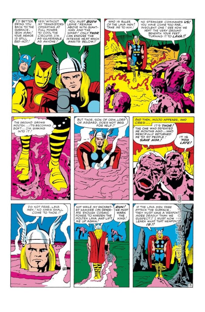 Avengers #5, pg. 13; pencils, Jack Kirby; inks, Paul Reinman; Thor, Lava Men