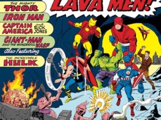 Avengers #5 cover; pencils, Jack Kirby; inks, uncredited; Invasion of the Lava Men, Rick Jones, Thor, Iron Man, Captain America, Giant-Man, Wasp, Incredible Hulk