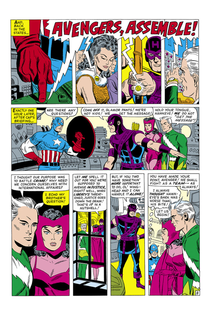 Avengers #18, pg. 8; pencils, Don Heck; inks, Dick Ayers; Assemble, Quicksilver, Captain America, Scarlet Witch, Hawkeye