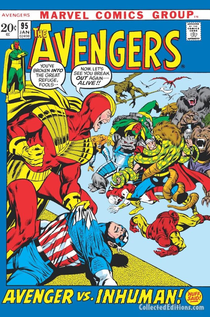 Avengers #95 cover; pencils, John Buscema; inks, Tom Palmer; Avenger vs. Inhuman, Maximus the Mad vs. Captain America, Thor, Iron Man