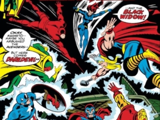 Avengers #111 cover; pencils, John Buscema; inks, Barry Windsor-Smith; Daredevil, Black Widow, Magneto