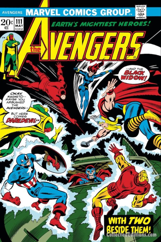 Avengers #111 cover; pencils, John Buscema; inks, Barry Windsor-Smith; Daredevil, Black Widow, Magneto