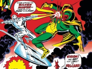 Avengers #116 cover; pencils, John Romita Sr.; inks, Mike Esposito; Silver Surfer vs. Vision and Scarlet Witch, Avengers/Defenders War