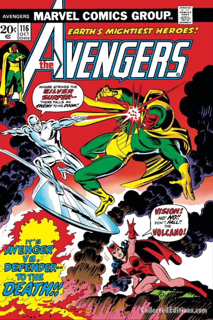 Avengers #116 cover; pencils, John Romita Sr.; inks, Mike Esposito; Silver Surfer vs. Vision and Scarlet Witch, Avengers/Defenders War