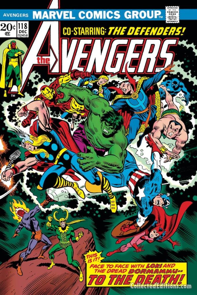 Avengers #118 cover; pencils, Ron Wilson; inks, John Romita Sr.; Dormammu, Loki, Avengers/Defenders War