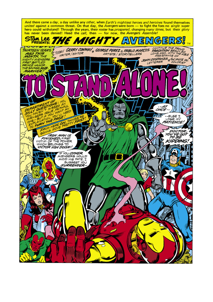 Avengers #155, pg. 1; pencils, George P&eacute;rez; inks, Pablo Marcos