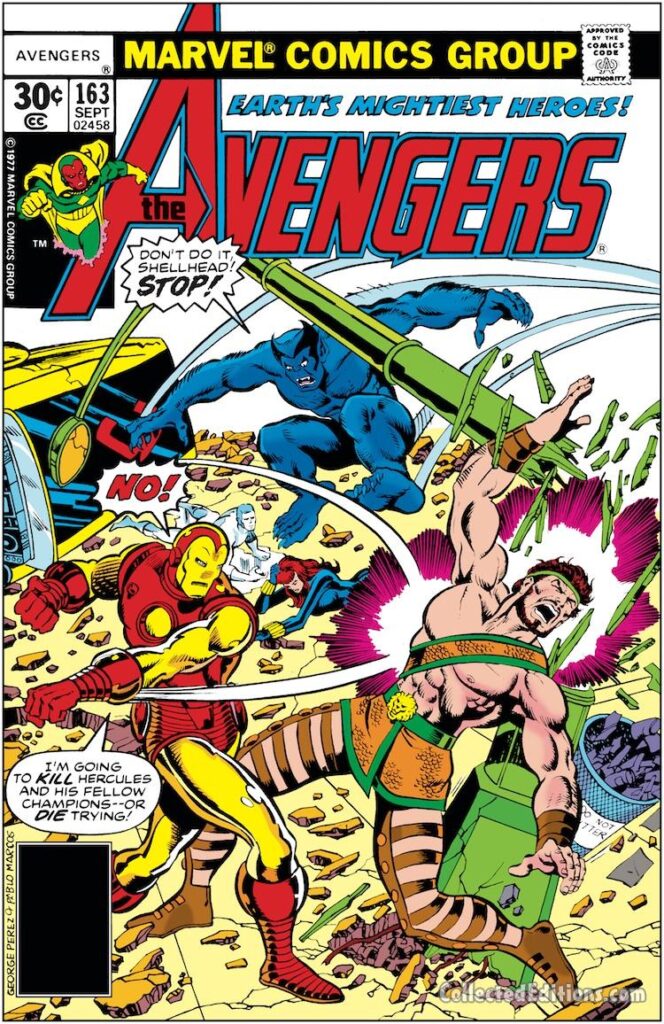 Avengers #163 cover; pencils, George Pérez; inks, Pablo Marcos; Hercules, Iron Man