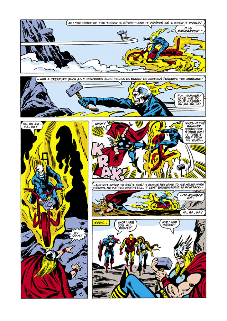 Avengers #214, pg. 18; pencils, Bob Hall; inks, Dan Green; Ghost Rider, Thor, Mjolnir, Iron Man, Tigra, Captain America