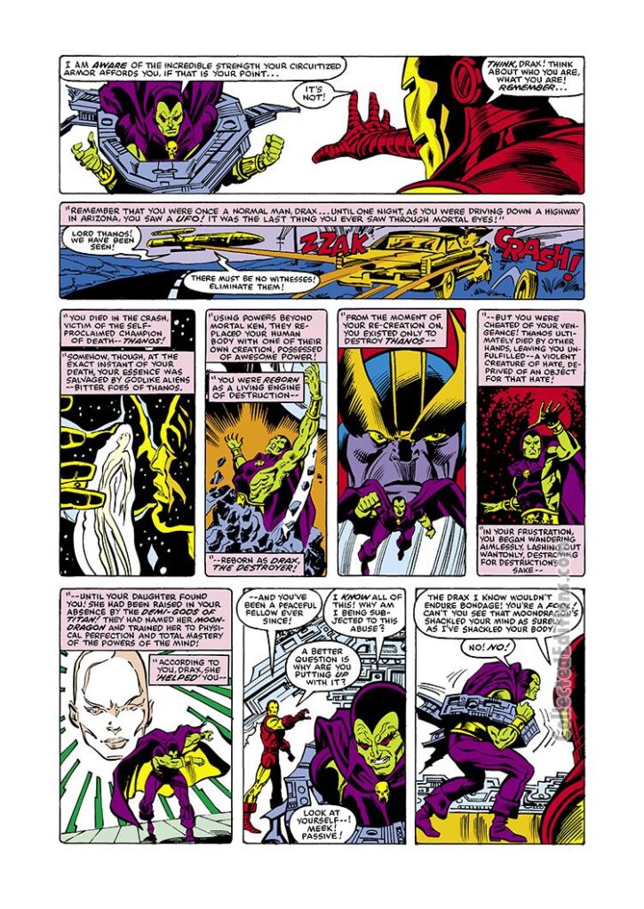 Avengers #220, pg. 4; pencils, Bob Hall; inks, Dan Green, Drax the Destroyer, Moondragon, origin