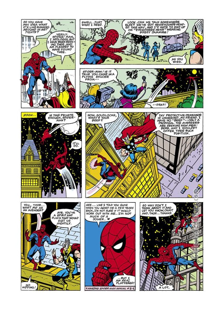 Avengers #221, pg. 9; pencils, Bob Hall; inks, Brett Breeding, Spider-Man, Thor