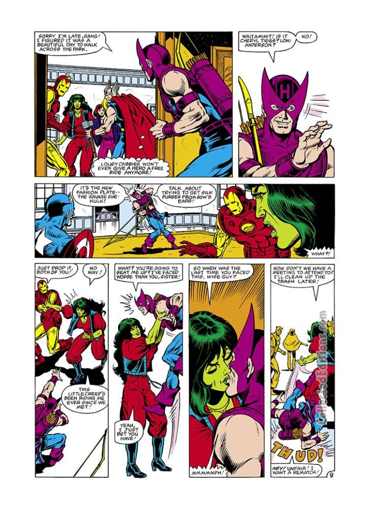 Avengers #222, pg. 8; pencils, Greg LaRocque; inks, Al Milgrom, She-Hulk kisses HawkeyeAvengers #222, pg. 8; pencils, Greg LaRocque; inks, Al Milgrom, She-Hulk kisses HawkeyeAvengers #222, pg. 8; pencils, Greg LaRocque; inks, Al Milgrom, She-Hulk kisses Hawkeye