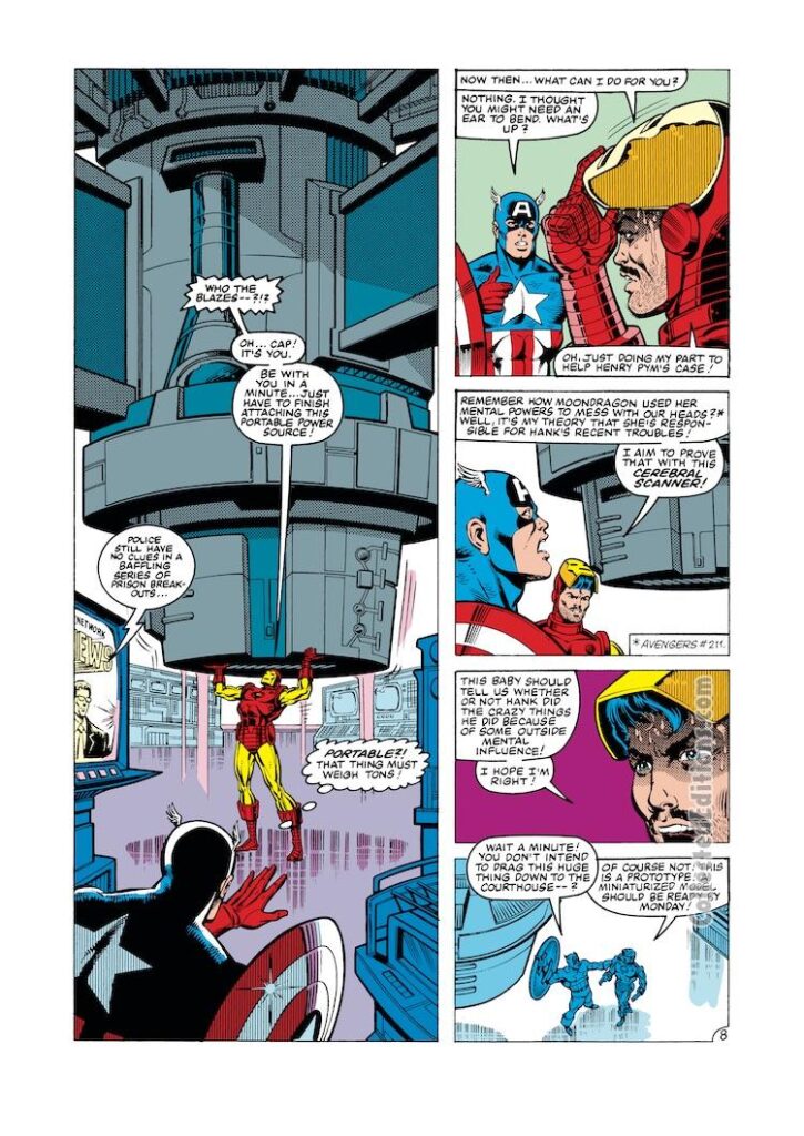 Avengers #228, pg. 8; pencils, Al Milgrom; inks, Bret Breeding ; Iron Man, Captain America