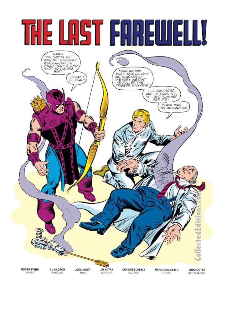 Avengers #230, pg. 1; pencils, Al Milgrom; inks, Joe Sinnott; The Last Farewell splash page, Hawkeye, Egghead, Hank Pym