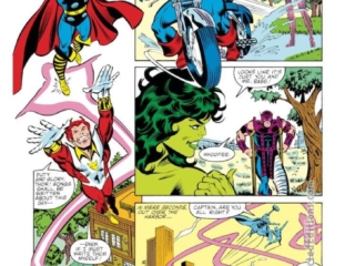 Avengers #232, pg. 6; pencils, Al Milgrom; inks, Joe Sinnott; Thor, Firefox, Hawkeye on crutches, She-Hulk, Captain America, Wasp