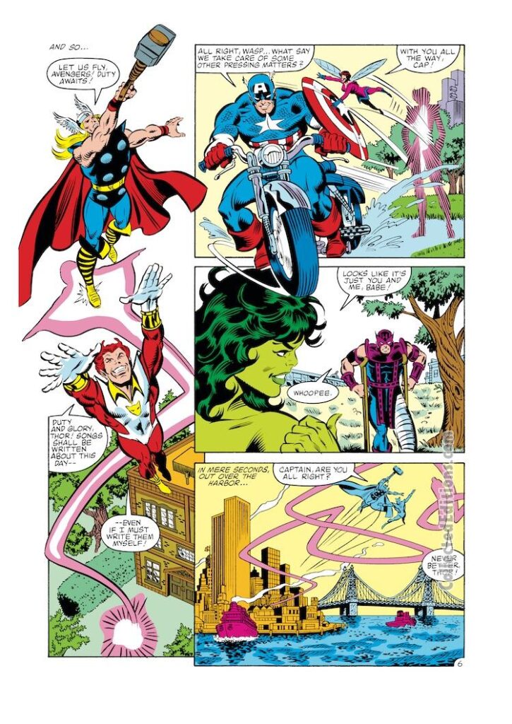 Avengers #232, pg. 6; pencils, Al Milgrom; inks, Joe Sinnott; Thor, Firefox, Hawkeye on crutches, She-Hulk, Captain America, Wasp