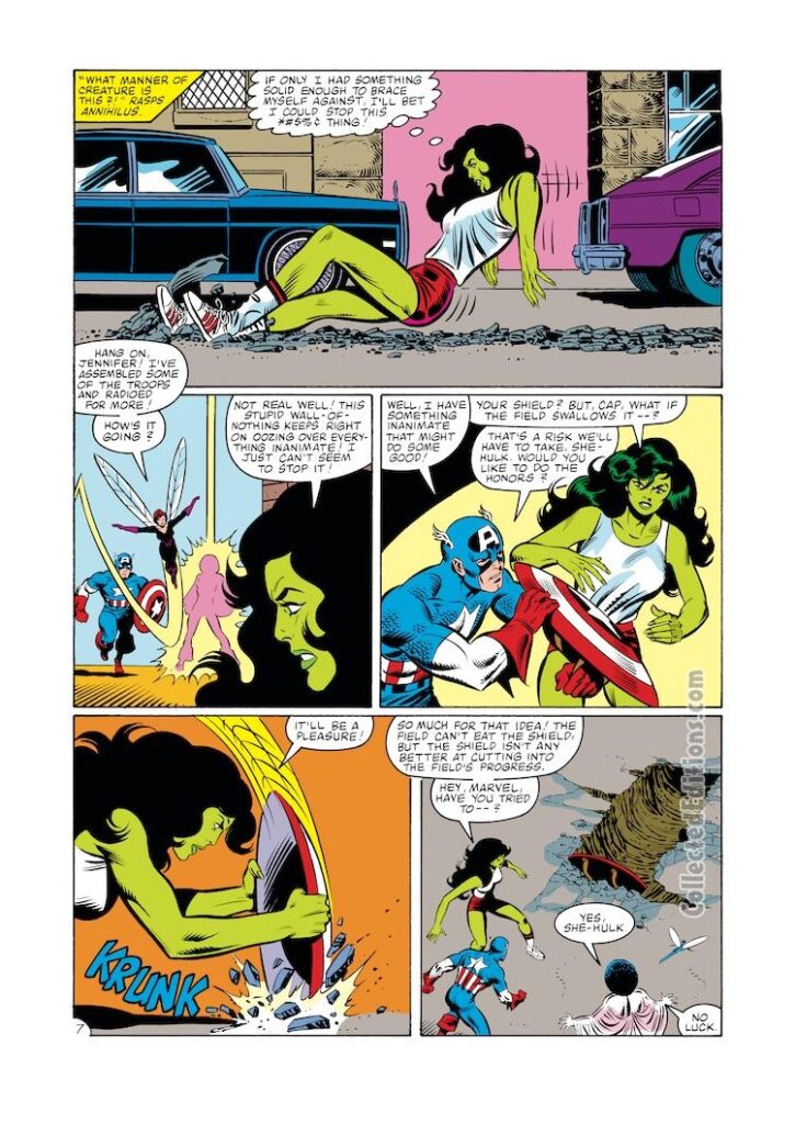 Avengers #233, pg. 7; layouts, John Byrne; pencils and inks, Joe Sinnott; She-Hulk, Captain America, Wasp