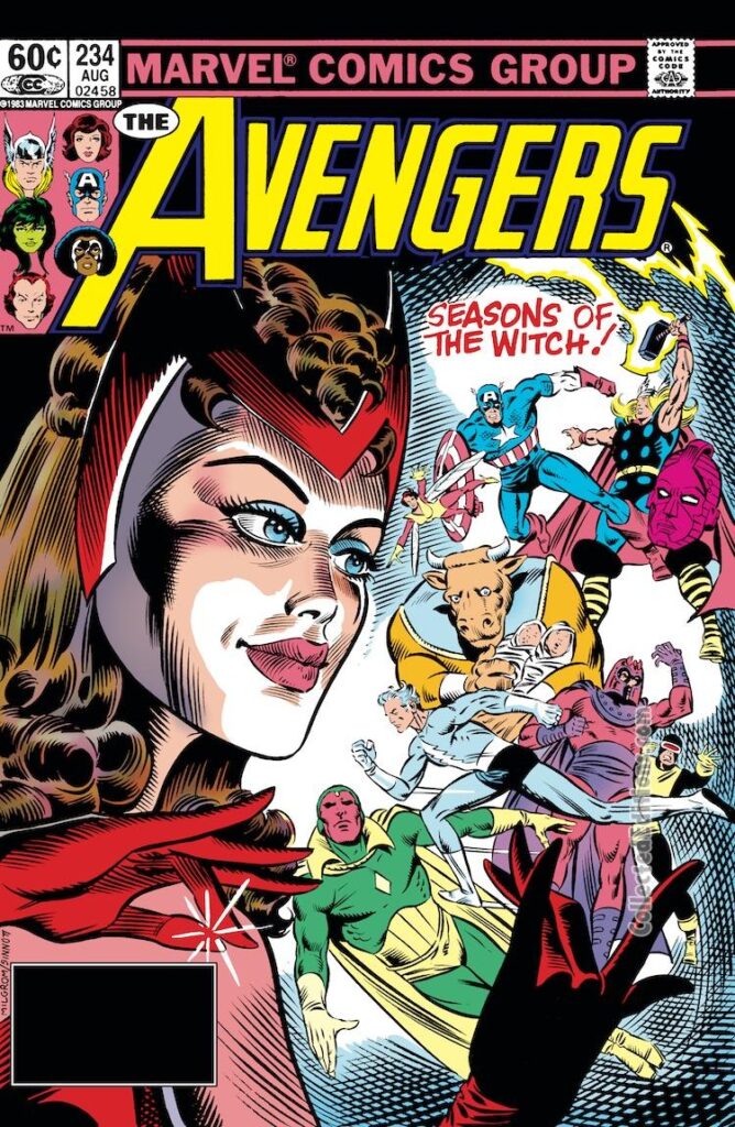 Avengers #234 cover; pencils, Al Milgrom; inks, Joe Sinnott; Seasons of the Witch, Scarlet Witch, Bova, Magneto, X-Men, Vision, Quicksilver, Captain America, Thor, Wasp, High Evolutionary