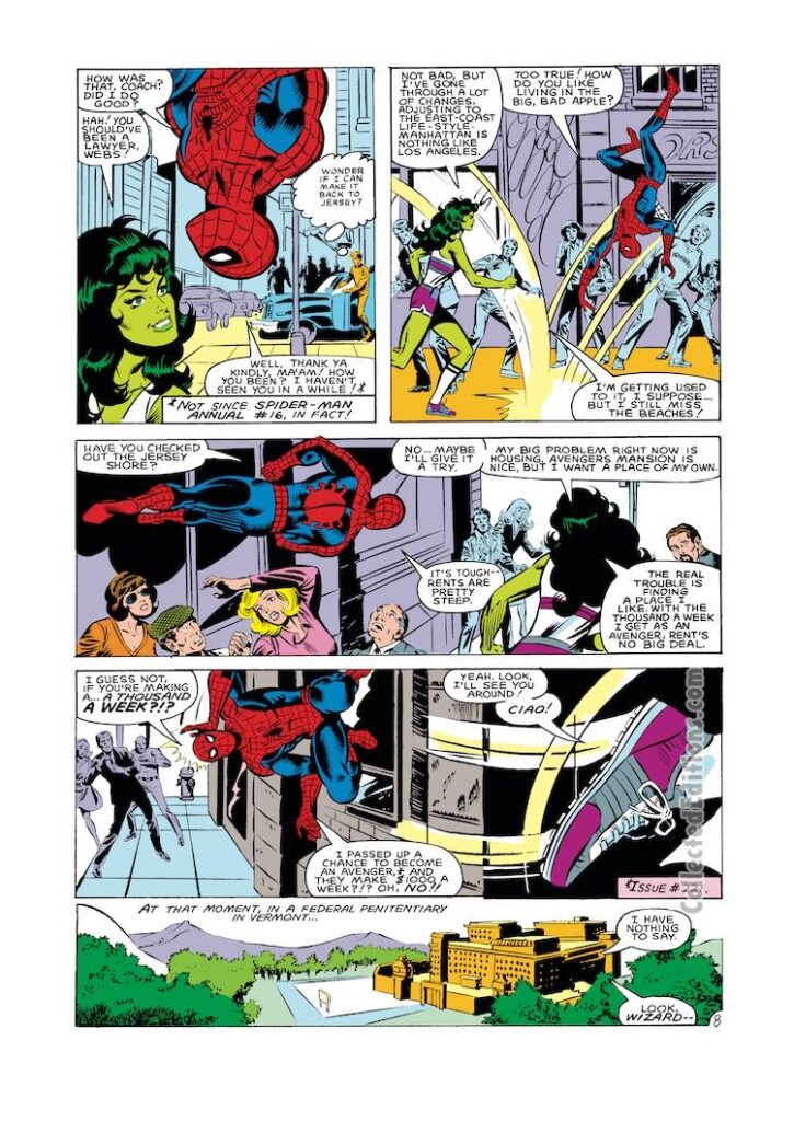 Avengers #235, pg. 8; pencils, Al Milgrom; inks, Joe Sinnott; Spider-Man, She-Hulk