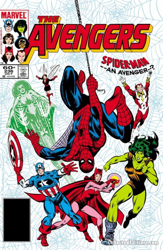Avengers #236 cover; pencils, Al Milgrom; inks, Joe Sinnott; Spider-Man, Captain Marvel, Monica Rambeau, She-Hulk, Jennifer Walters, Captain America, Scarlet Witch, Starfox