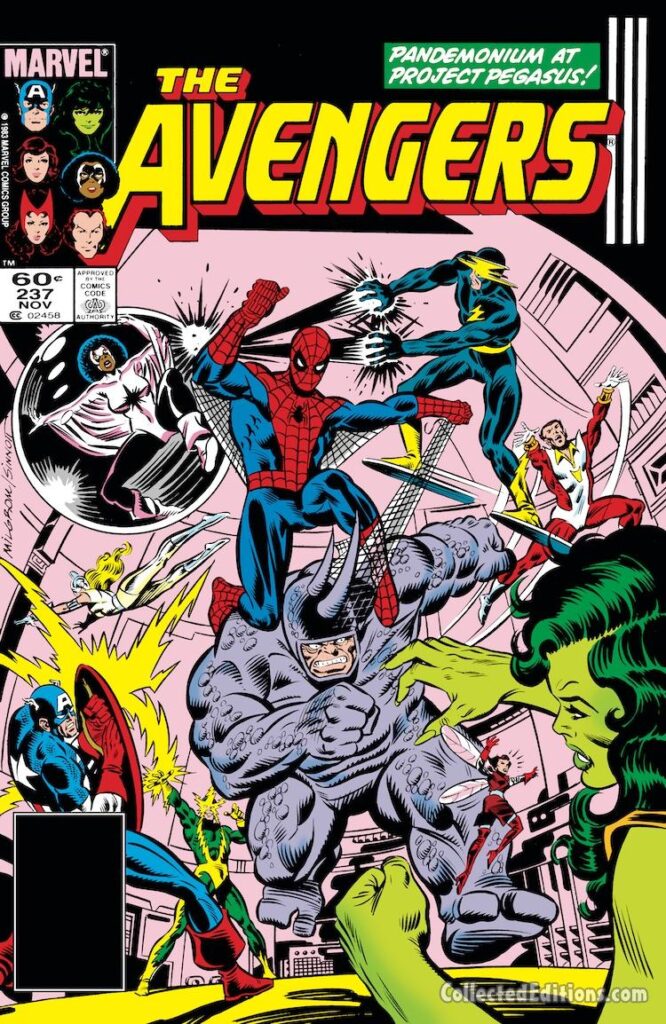 Avengers #237 cover; pencils, Al Milgrom; inks, Joe Sinnott; Rhino, Blackout, Electro, Moonstone, Spider-Man, She-Hulk, Wasp, Captain Marvel, Monica Rambeau, Captain America
