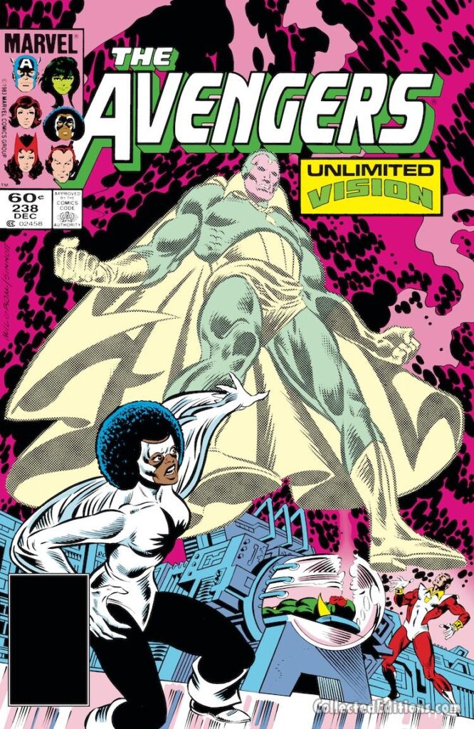 Avengers #238 cover; pencils, Al Milgrom; inks, Joe Sinnott; Unlimited Vision, Captain Marvel, Monica Rambeau, Vision, Starfox
