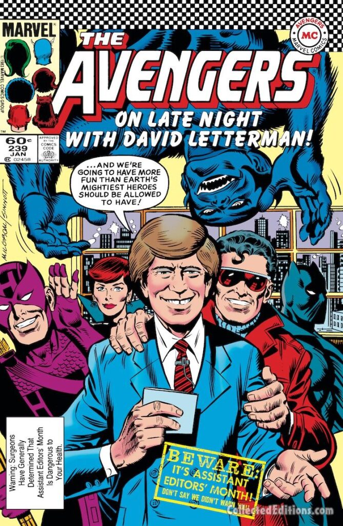 Avengers #239 cover; pencils, Al Milgrom; inks, Joe Sinnott; David Letterman Late Night, Assistant Editor's Month, Wonder Man, Beast, Hawkeye, Black Widow, Black Panther