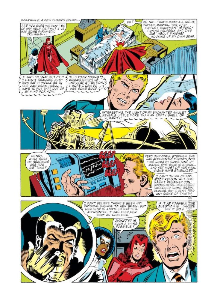 Avengers #240, pg. 14; breakdowns, Al Milgrom; pencils and inks, Joe Sinnott; Hank Pym, Doctor Strange, Jessica Drew, Spider-Woman, Scarlet Witch