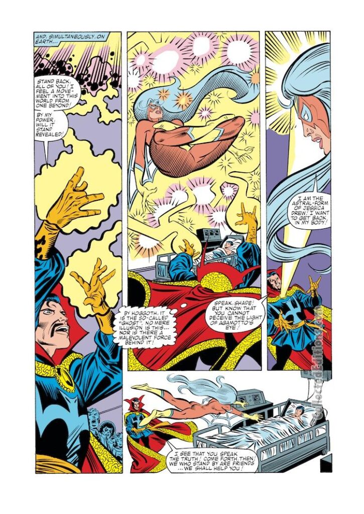 Avengers #240, pg. 20; layouts, Al Milgrom; pencils and inks, Joe Sinnott; Doctor Strange, Spider-Woman/Jessica Drew