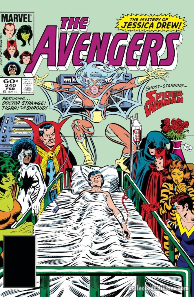 Avengers #240 cover; pencils, Al Milgrom; inks, Joe Sinnott; Spider-Woman, Jessica Drew, Doctor Strange, She-Hulk, Tigra, Wasp, Shroud