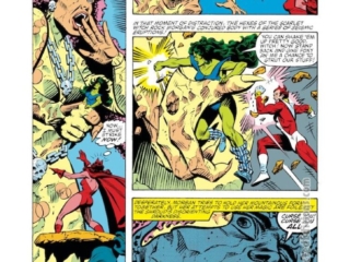 Avengers #241, pg. 20; layouts, Al Milgrom; pencils and inks, Andy Mushynsky; Spider-Woman/Jessica Drew, Scarlet Witch, Starfox, She-Hulk, Morgan Le Fey, Demons of Chthon