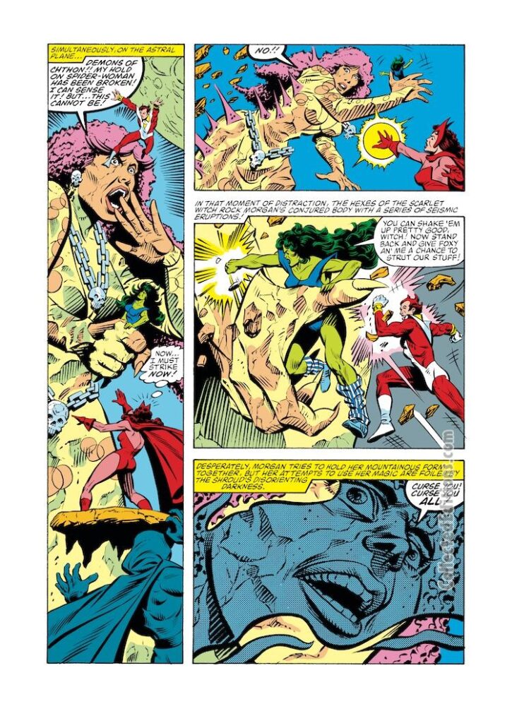 Avengers #241, pg. 20; layouts, Al Milgrom; pencils and inks, Andy Mushynsky; Spider-Woman/Jessica Drew, Scarlet Witch, Starfox, She-Hulk, Morgan Le Fey, Demons of Chthon