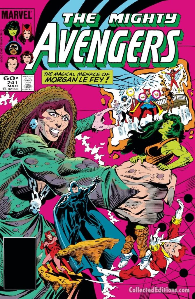 Avengers #241 cover; pencils, Al Milgrom; inks, Bret Breeding; The Magical Menace of Morgan Le Fey, She-Hulk, Scarlet Witch, Starfox