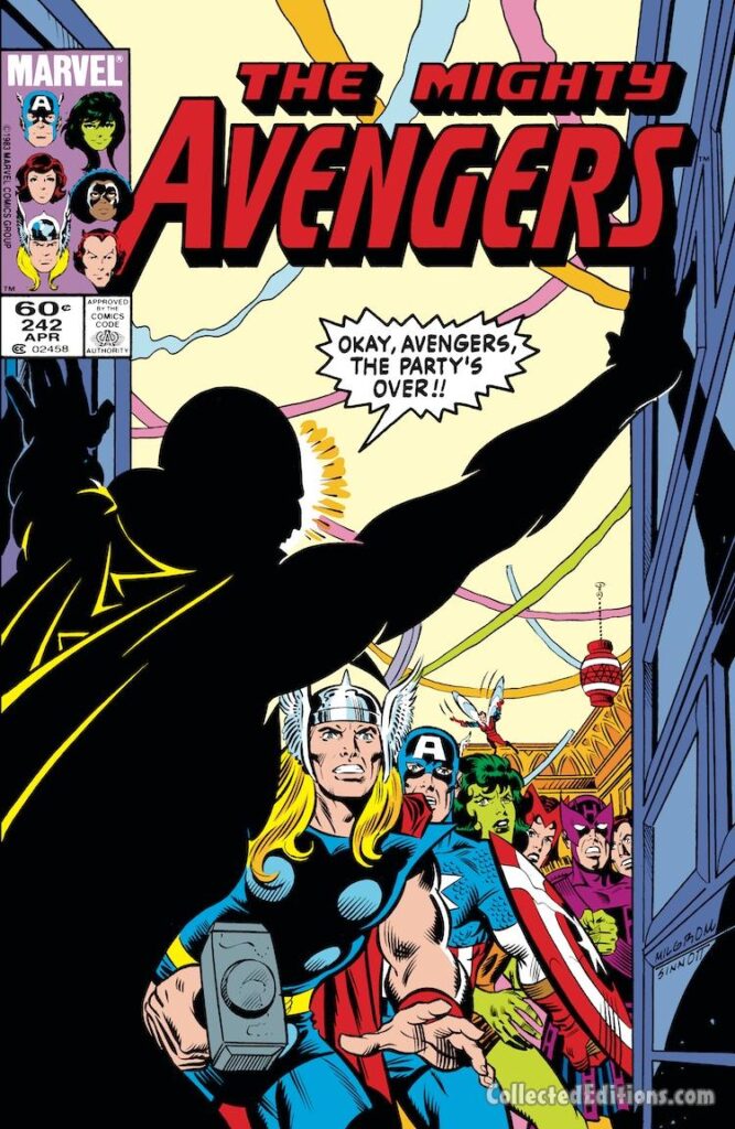 Avengers #242 cover; pencils, Al Milgrom; inks, Joe Sinnott; The Party's Over, Thor, Captain America, She-Hulk, Wasp, Hawkeye, Scarlet Witch, Avengers Mansion