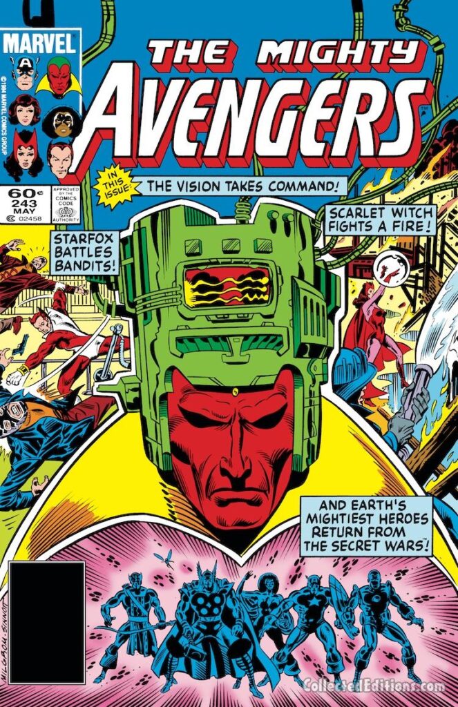 Avengers #242 cover; pencils, Al Milgrom; inks, Joe Sinnott; The Vision takes commands, Starfox battles bandits, Scarlet Witch fights a fire, Secret Wars